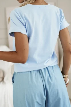 T-SHIRT Z NAPISEM PROSECCO BŁĘKITNY