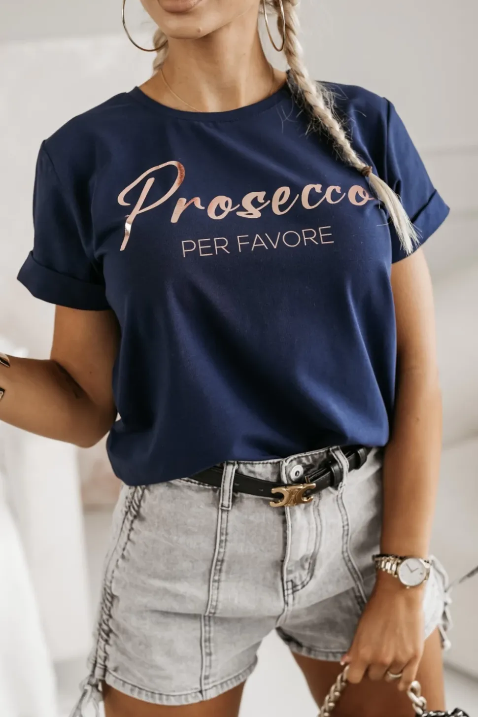 T-SHIRT Z NAPISEM PROSECCO GRANATOWY