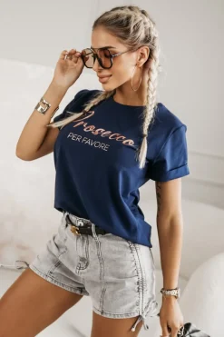 T-SHIRT Z NAPISEM PROSECCO GRANATOWY