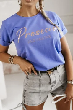 T-SHIRT Z NAPISEM PROSECCO LAWENDOWY