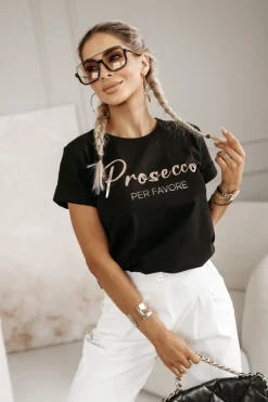 T-SHIRT Z NAPISEM PROSECCO CZARNY