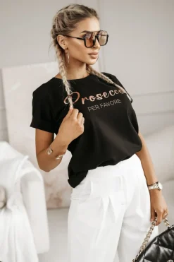 T-SHIRT Z NAPISEM PROSECCO CZARNY