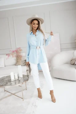 TUNIKA KOSZULA RAYON Z WISKOZY Z PASKIEM W KOMPLECIE BŁĘKITNA