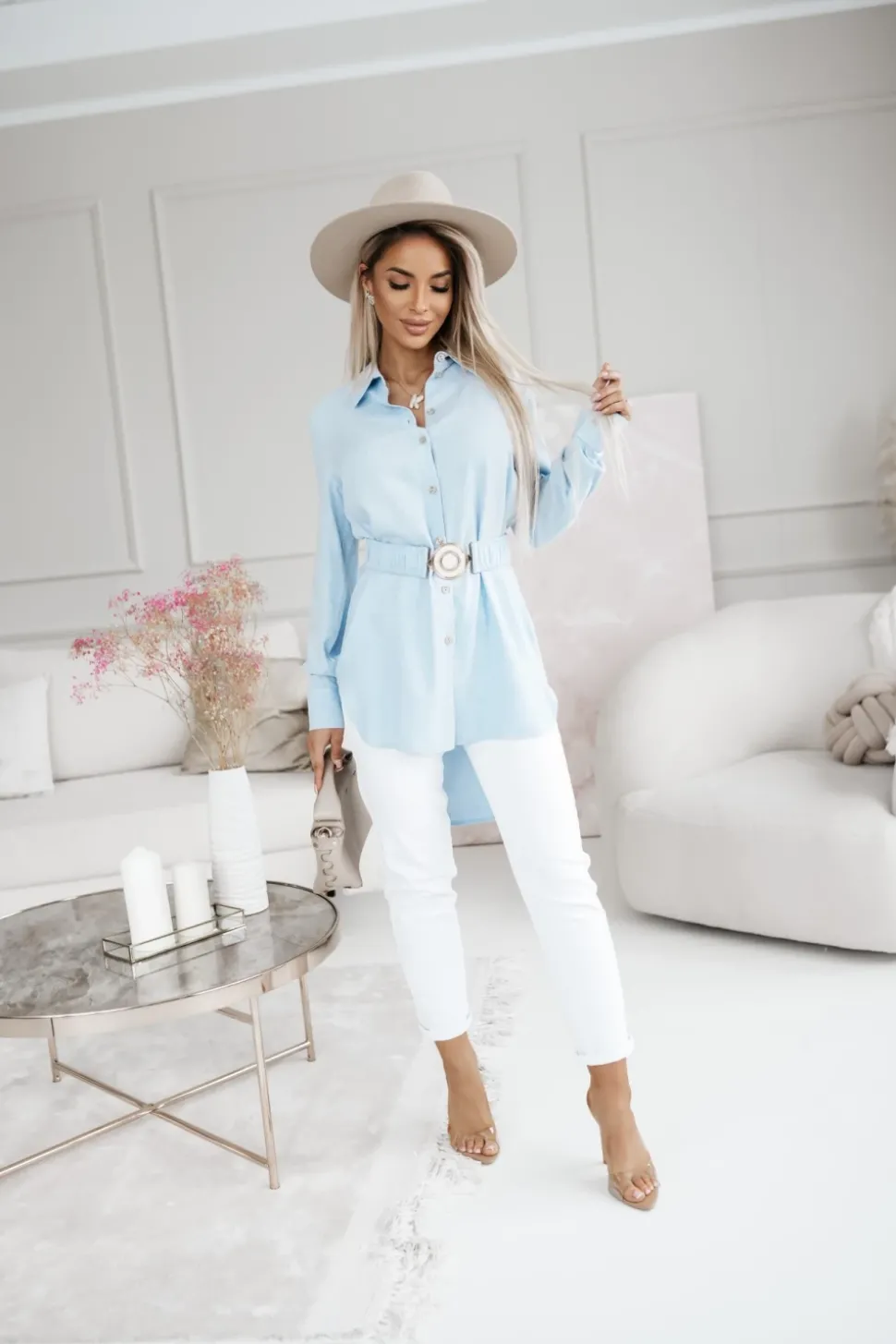 TUNIKA KOSZULA RAYON Z WISKOZY Z PASKIEM W KOMPLECIE BŁĘKITNA