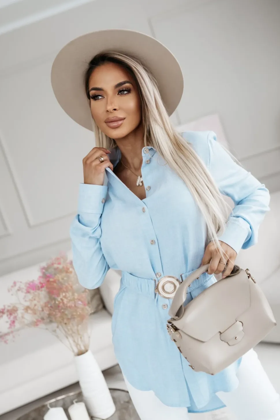 TUNIKA KOSZULA RAYON Z WISKOZY Z PASKIEM W KOMPLECIE BŁĘKITNA