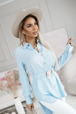 TUNIKA KOSZULA RAYON Z WISKOZY Z PASKIEM W KOMPLECIE BŁĘKITNA