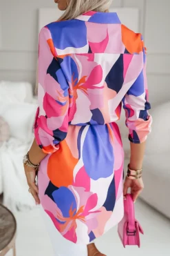 TUNIKA KOSZULA Z PASKIEM AMERICANO W KWIATY RÓŻOWO-FIOLETOWE