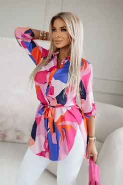 TUNIKA KOSZULA Z PASKIEM AMERICANO W KWIATY RÓŻOWO-FIOLETOWE