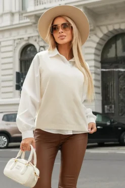 ZESTAW 2W1 KOSZULA I PULOWER BEŻOWO-BIAŁY